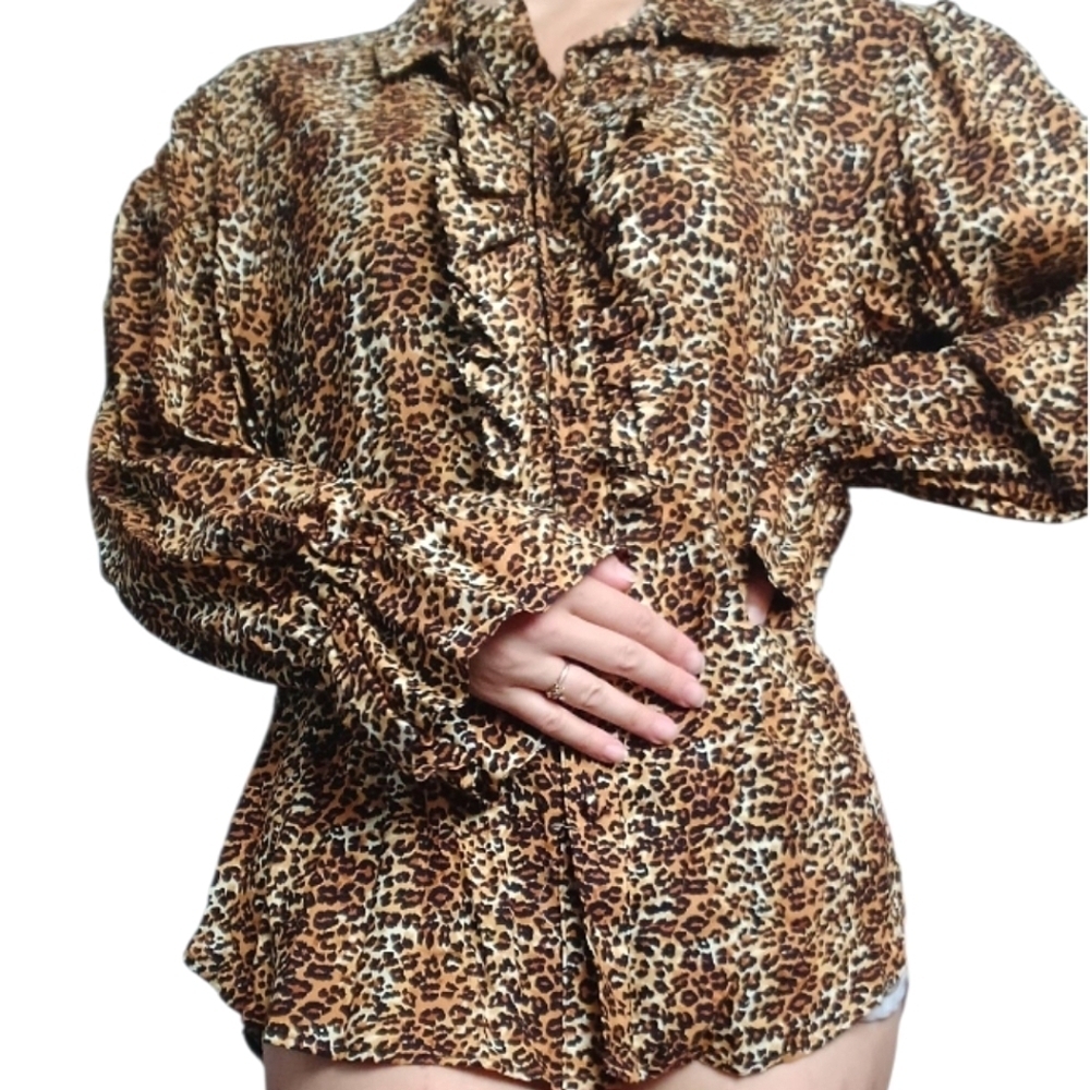 Vintage Cheetah Print Ruffle Blouse Brown Black Size S/M